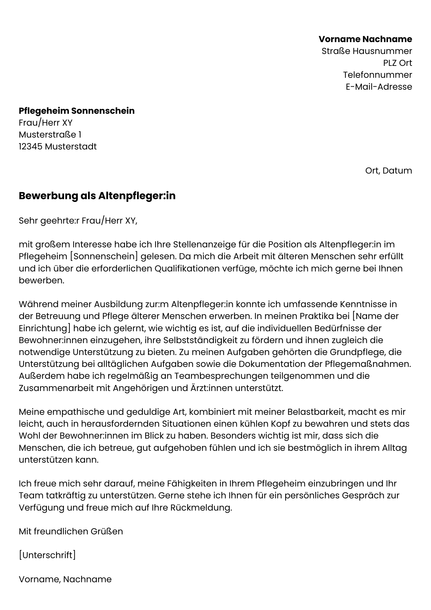 Anschreiben Bewerbung als Altenpfleger